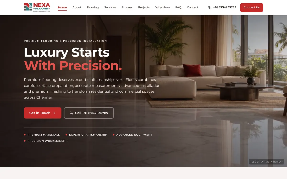 The NEXA Floors homepage, designed and built by Jochitek, shown on a desktop browser