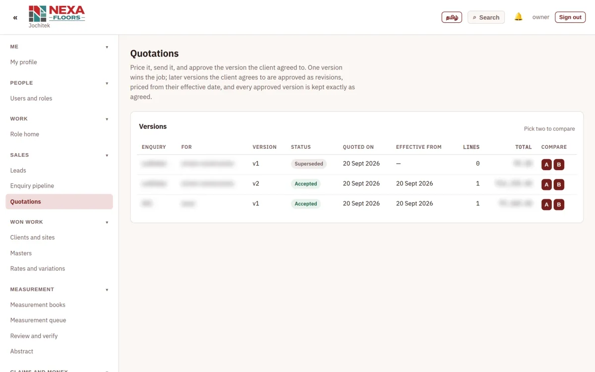 Quotations screen in the NEXA Floors platform listing quotation versions with status and dates; client names and totals blurred